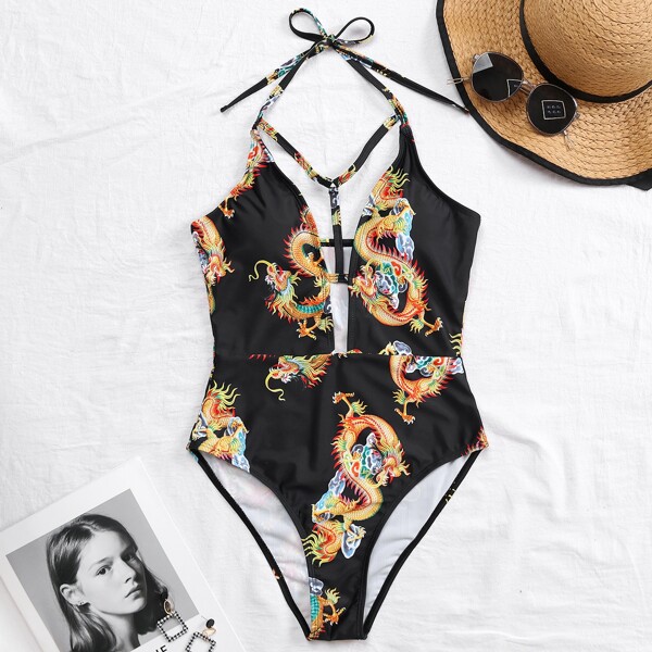 

Chinese Dragon Cut-out Halter One Piece Swimsuit, Multicolor