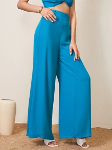 SHEIN Double Button Detail Wide Leg Trousers - Blue - View 5