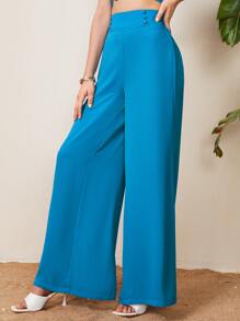 SHEIN Double Button Detail Wide Leg Trousers - Blue - View 1