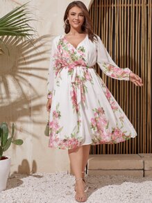 Mulvari Plus Floral Print Wrap Belted A-line Dress - White - View 1