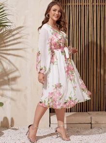 Mulvari Plus Floral Print Wrap Belted A-line Dress - White - View 3