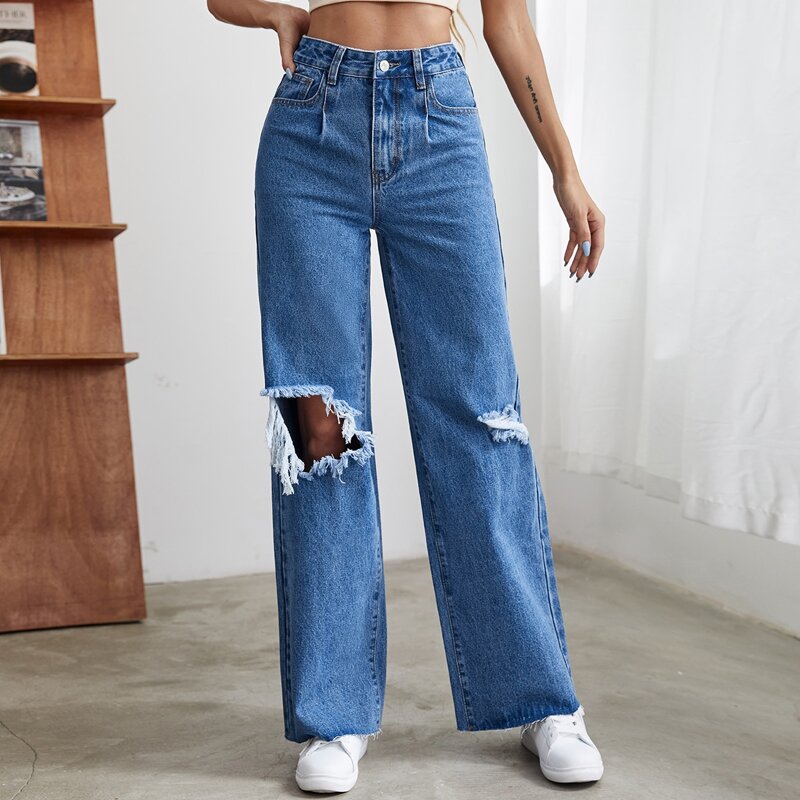 

High Waist Ripped Raw Hem Jeans, Medium wash