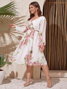 Mulvari Plus Floral Print Wrap Belted A-line Dress - White - View 5