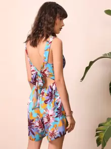 SHEIN VCAY 綁結後開式寬腿吊帶連身短褲 - 彩色 - 查看 2