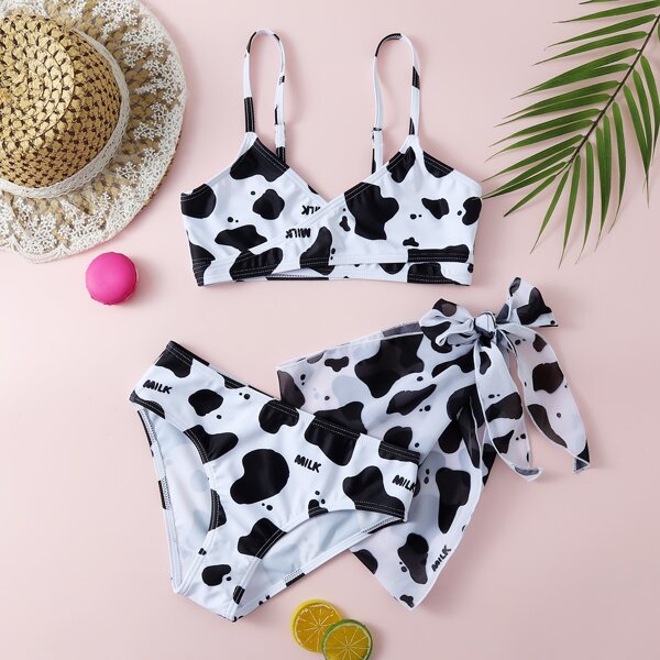 

3pack Girls Cow Print Bikini Swimsuit & Beach Skirt, Black and white