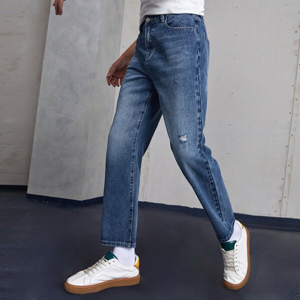 

Men Ripped Straight Leg Jeans, Medium wash