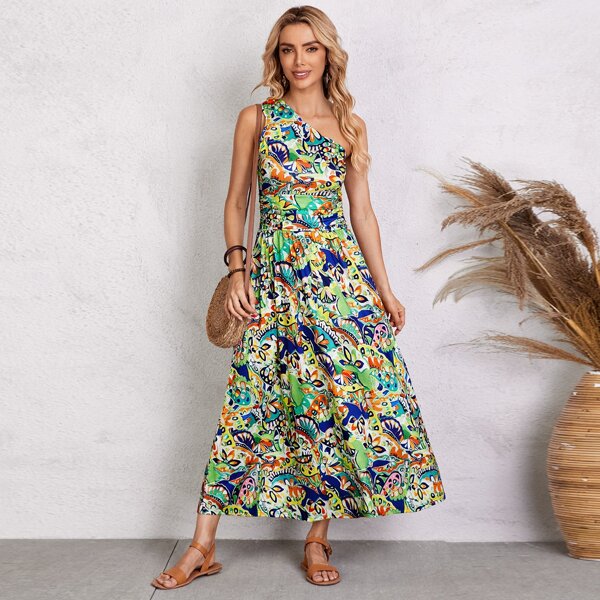 

Allover Print One Shoulder A-line Dress, Multicolor