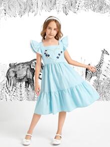 SHEIN Đầm Gái Nghề thêu Xù Viên lá sen Dây kéo Tranh thêu Hoa Tim Dễ thương - Màu xanh nhạt - Xem 1