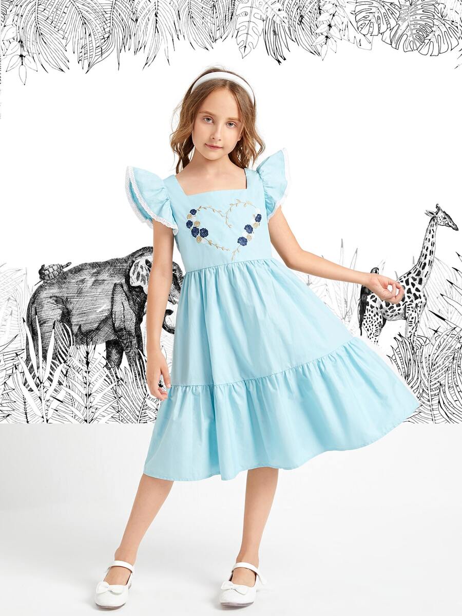 SHEIN Đầm Gái Nghề thêu Xù Viên lá sen Dây kéo Tranh thêu Hoa Tim Dễ thương - Màu xanh nhạt - Xem 1