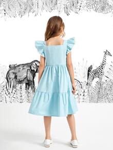 SHEIN Đầm Gái Nghề thêu Xù Viên lá sen Dây kéo Tranh thêu Hoa Tim Dễ thương - Màu xanh nhạt - Xem 2