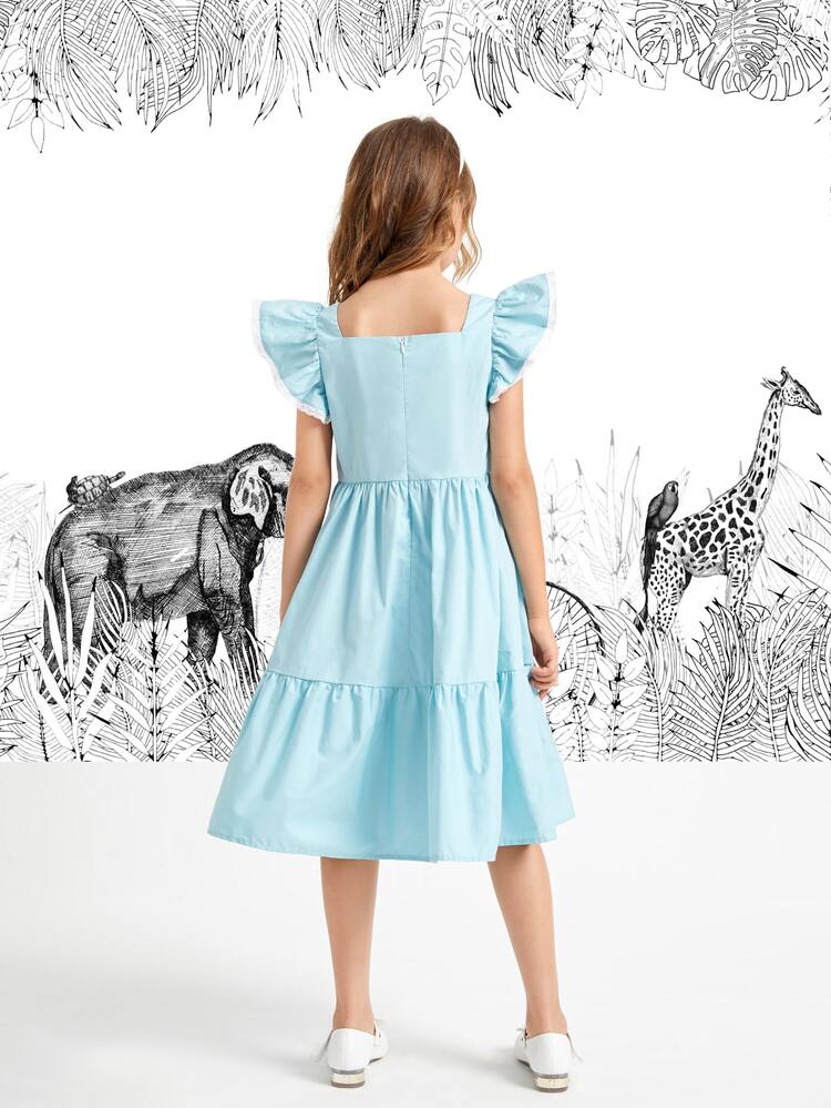 SHEIN Đầm Gái Nghề thêu Xù Viên lá sen Dây kéo Tranh thêu Hoa Tim Dễ thương - Màu xanh nhạt - Xem 2