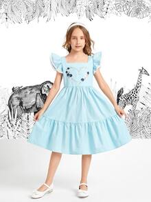 SHEIN Đầm Gái Nghề thêu Xù Viên lá sen Dây kéo Tranh thêu Hoa Tim Dễ thương - Màu xanh nhạt - Xem 3