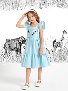 SHEIN Đầm Gái Nghề thêu Xù Viên lá sen Dây kéo Tranh thêu Hoa Tim Dễ thương - Màu xanh nhạt - Xem 4