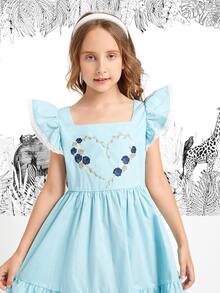 SHEIN Đầm Gái Nghề thêu Xù Viên lá sen Dây kéo Tranh thêu Hoa Tim Dễ thương - Màu xanh nhạt - Xem 5