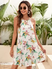 SHEIN VCAY Allover Butterfly Halter Dress - Multicolor - View 1