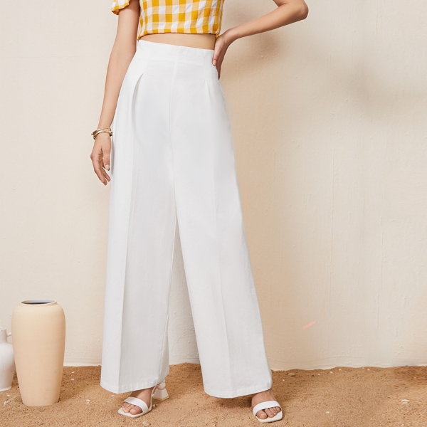 

Fold Pleated Front Wide Leg Pants, White