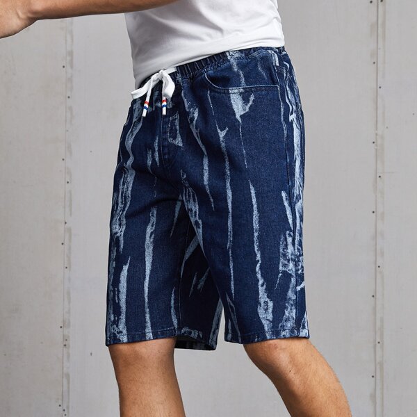 

Men Drawstring Waist Washed Denim Shorts, Dark wash