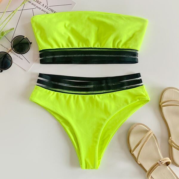 

Mesh Trim Bandeau Bikini Swimsuit, Lime green