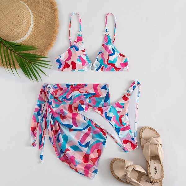 

3pack Allover Print Bikini Swimsuit & Beach Skirt, Multicolor