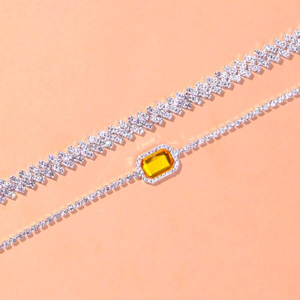

2pcs Geometric Rhinestone Decor Necklace, Silver