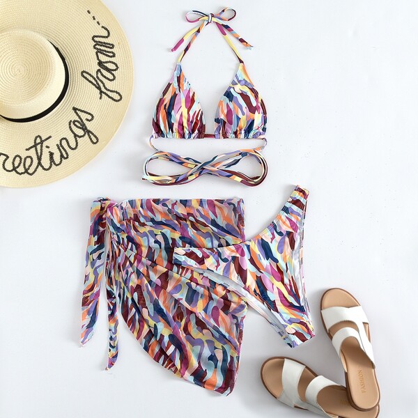 

3pack Allover Print Triangle Bikini Swimsuit & Beach Skirt, Multicolor