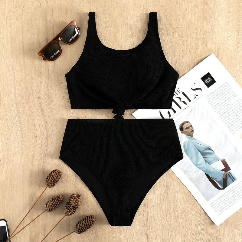 

Knot Hem High Waisted Bikini Swimsuit, Black