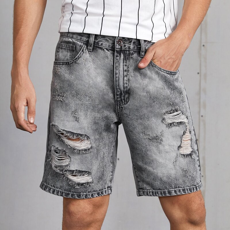 

Guys Ripped Washed Denim Shorts, Grey