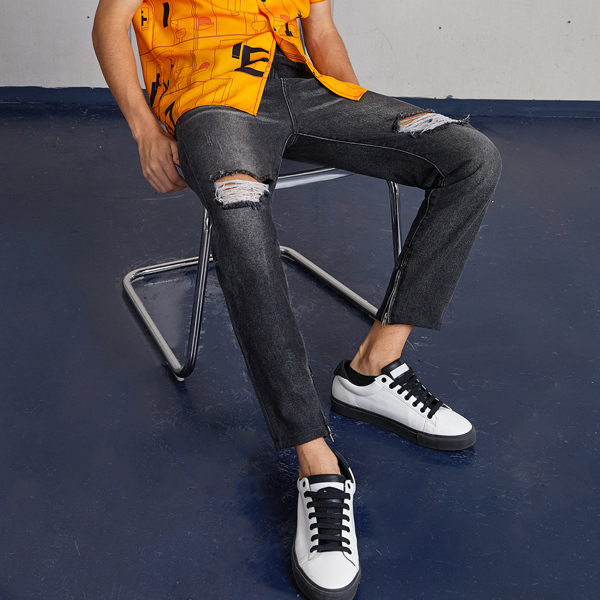 

Men Zip Hem Ripped Jeans, Dark grey