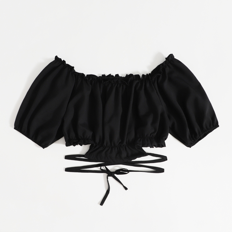

Solid Frill Criss Cross Crop Blouse, Black