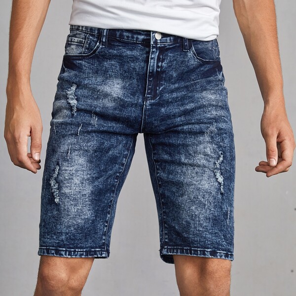 

Men Ripped Washed Denim Shorts, Dark wash