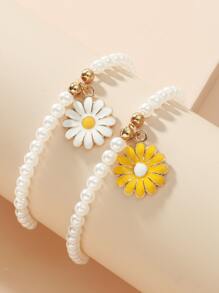 2pcs Flower Charm Faux Pearl Beaded Bracelet - Multicolor - View 1