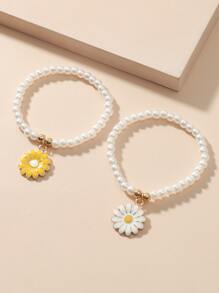 2pcs Flower Charm Faux Pearl Beaded Bracelet - Multicolor - View 2