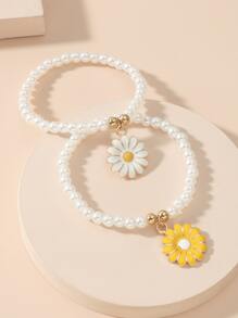 2pcs Flower Charm Faux Pearl Beaded Bracelet - Multicolor - View 3