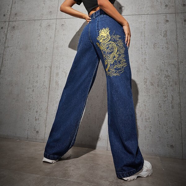 

High Waist Chinese Dragon Print Jeans, Dark wash