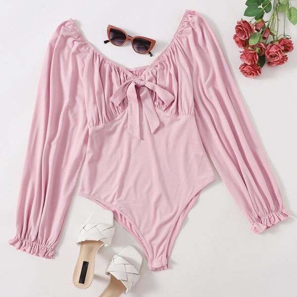 

Plus Knot Front Sweetheart Neck Bodysuit, Pink