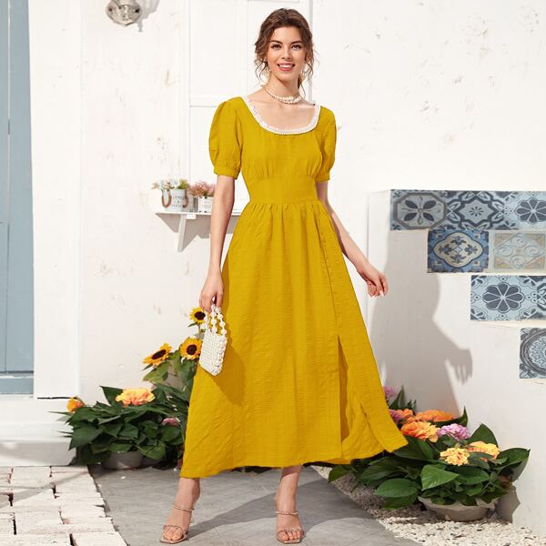 

Pearls Frill Trim Wide Waistband Split Hem Dress, Yellow