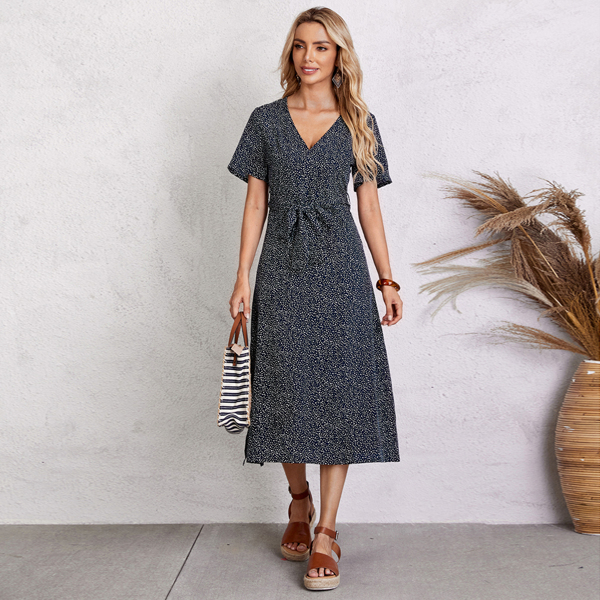 

Dalmatian Print V Neck Belted Dress, Navy blue