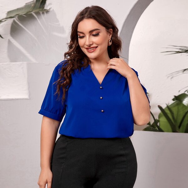 

Plus Notch Neck Half Button Blouse, Royal blue
