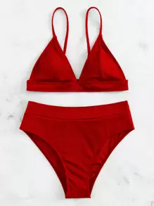 SHEIN Swim Summer Beach Rib-Knit Bikini Set Triangle Bra Top & High Waisted Bikini Bottom 2 Pieces Bikini