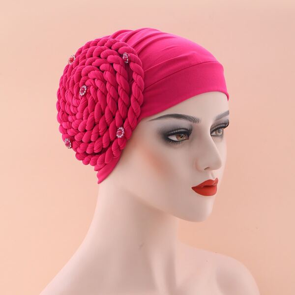 

Rhinestone Decor Braided Hat, Hot pink