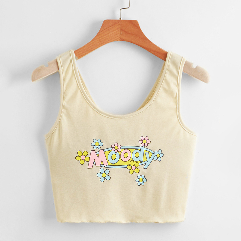 

Letter Floral Graphic Crop Tank Top, Beige