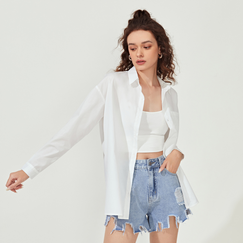 

Solid Pocket Button Front Blouse, White