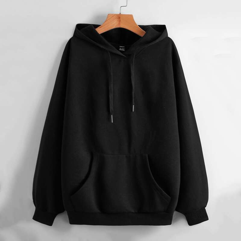 

Drop Shoulder Drawstring Hoodie, Black