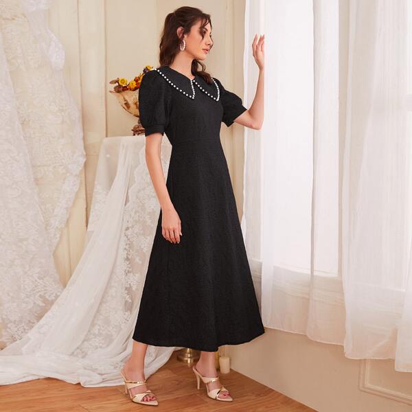 

Peter Pan Collar Puff Sleeve A-line Dress, Black