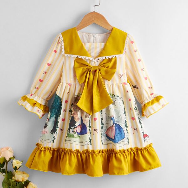 

Toddler Girls Striped Cartoon Graphic Flounce Sleeve Ruffle Hem Bow Dress, Multicolor