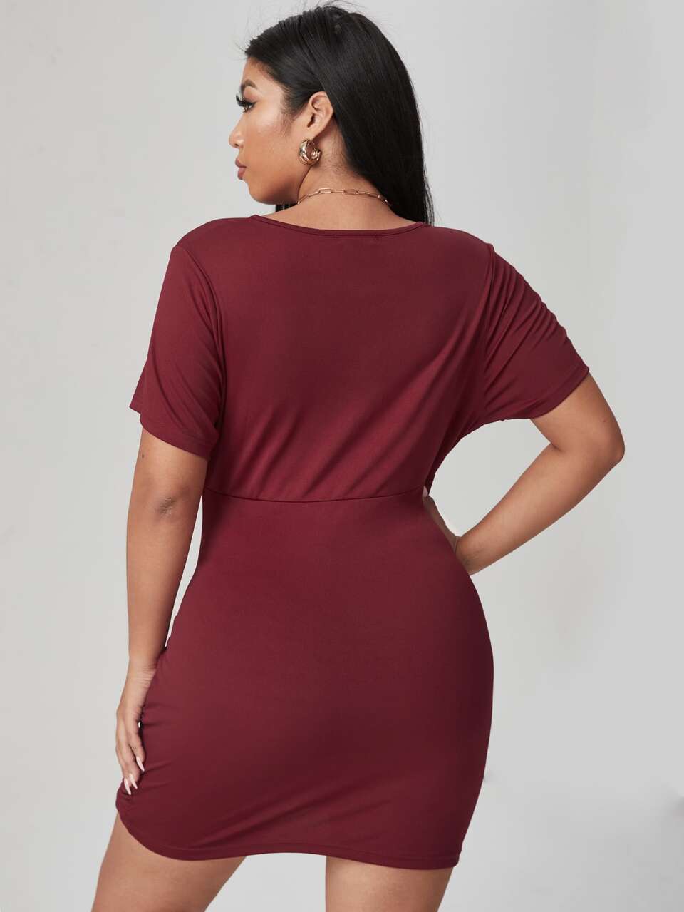 Plus Solid Plunging Neck Dress