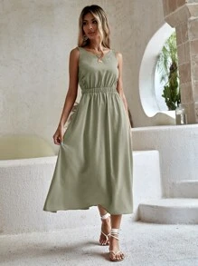 Đầm Lộ Lưng màu trơn Giải trí - Màu xanh Bạc hà - Xem 3