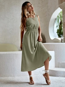 Đầm Lộ Lưng màu trơn Giải trí - Màu xanh Bạc hà - Xem 5