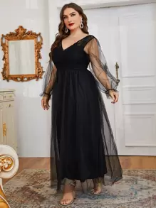 Plus Size Contrast Lace And Mesh Dress - Black - View 4