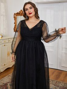 Plus Size Contrast Lace And Mesh Dress - Black - View 5